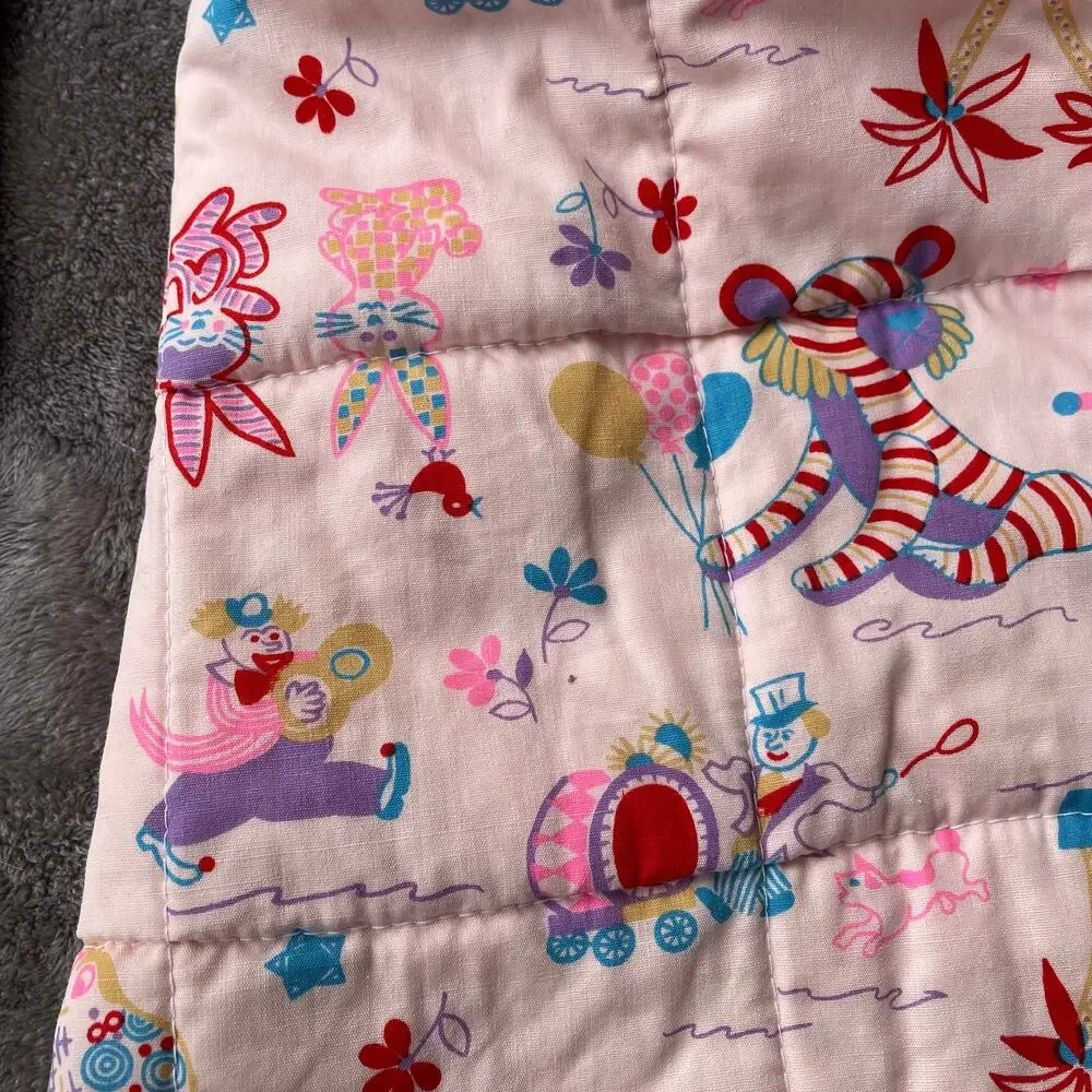Vintage Pink Circus Baby Quilt Blanket Crib Whimsical Animals Ruffle Edge